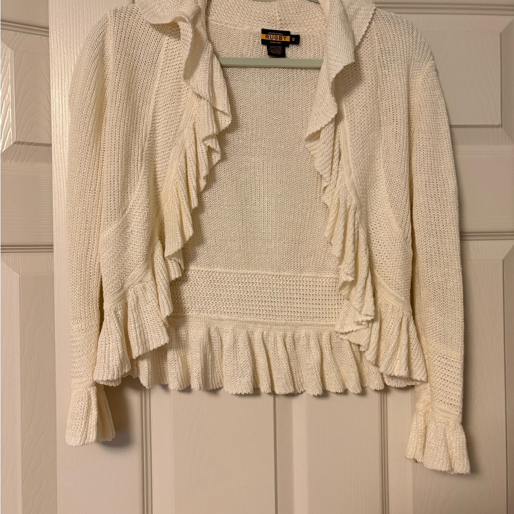 Ralph Lauren Cream Ruffle-Trim Open Front Cardigan
